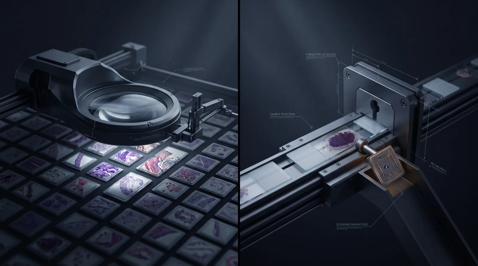 Split scene: on the left a magnifying lens sweeps a grid of specimen slides, most of them unexamined in shadow; on the right a precision keyed gate physically rejects a malformed sample, annotated "sample rejection" and "retain path".