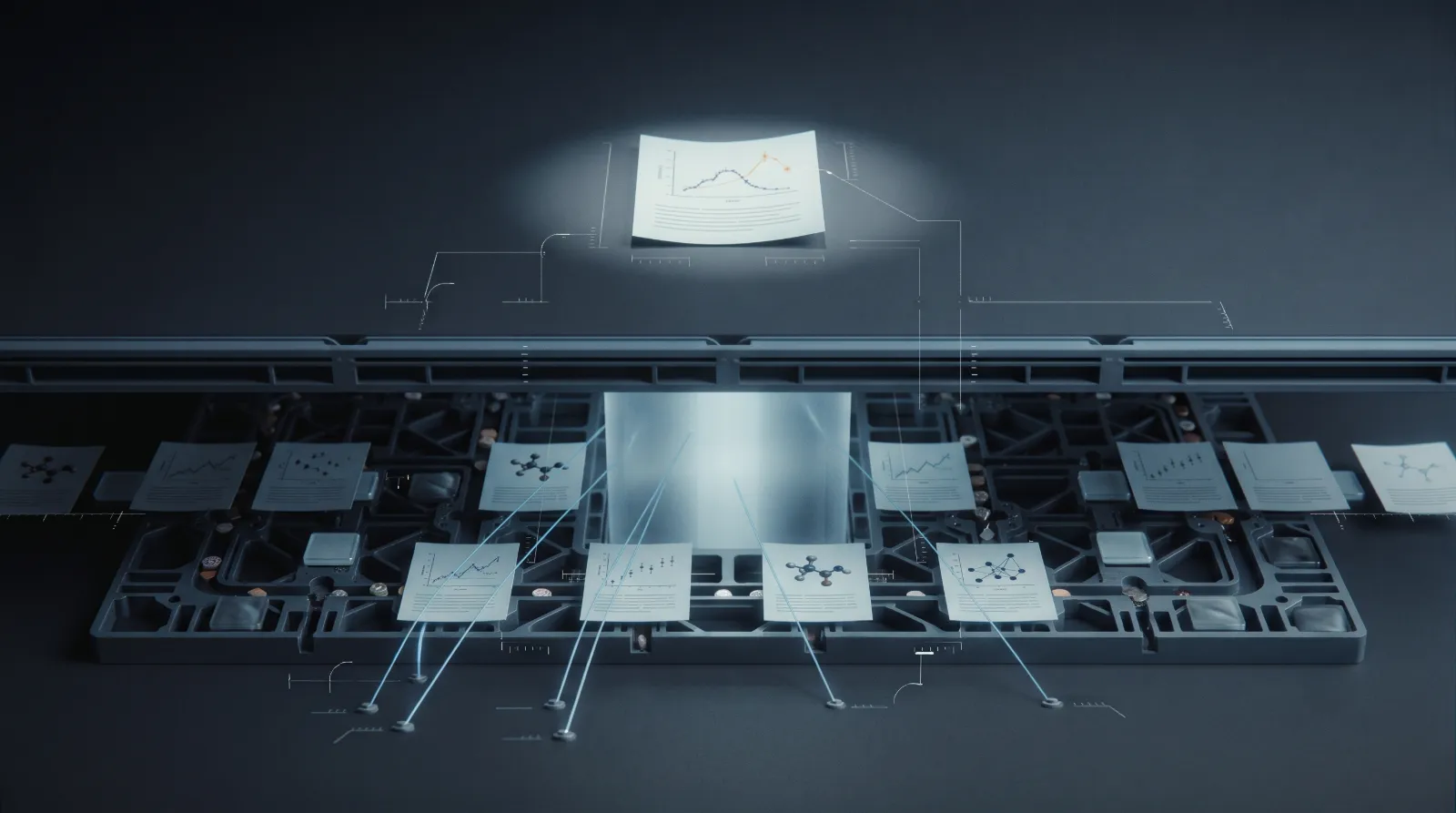 A dark studio render: small research papers, each carrying a scientific figure — a line chart, a scatter plot, a molecular model — advance through a machined lattice, tethered by pale-blue filaments to data-nodes below. One paper rises on a column of light to a spotlit position above, its plot marked by a single amber outlier that breaks the pattern.